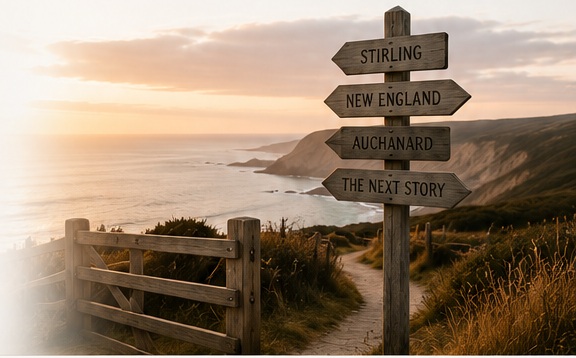 Coastal path and wooden signpost pointing towards Stirling, New England, Auchanard and the next story