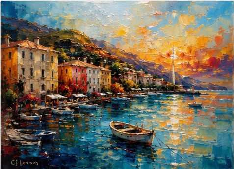 Colourful painting of a lakeside Italian town