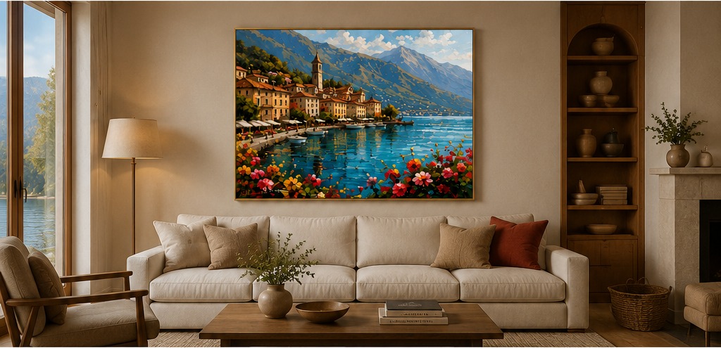 Lake Como Morning displayed in a warm neutral living room
